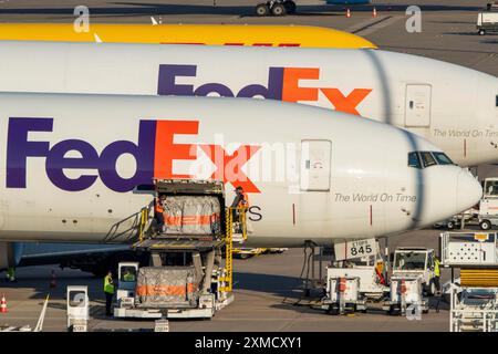 Aeroporto di Colonia-Bonn, CGN, aerei cargo FedEx in piedi davanti al centro di carico aereo, in fase di carico e scarico, Eurowings Airbus, North Foto Stock