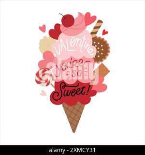 Una dolce clip art di San Valentino con 3 cucchiai di gelato morbido decorato con panna, lecca-lecca, caramelle, ciliegie, biscotti, biscotti e cuore Illustrazione Vettoriale
