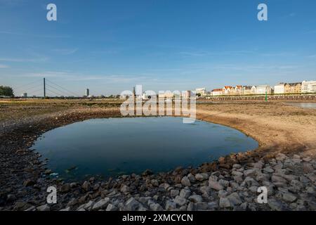 Reno vicino a Duesseldorf, acque estremamente basse, livello del Reno a 81 cm, che scende, dopo una lunga siccità, la riva sinistra del Reno è asciutta, vicino a Duesseldorf Foto Stock