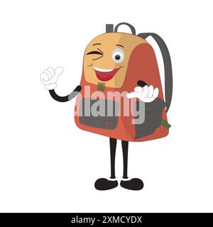 Zaino mascotte cartone animato torna a scuola e divertiti. Personaggio a forma di scarabocchio raffigurante una borsa scolastica da passeggio, retro character design di una borsa scolastica Illustrazione Vettoriale