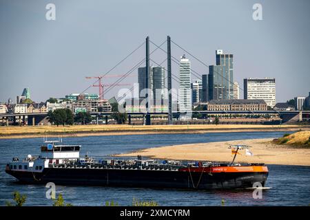 Reno a Duesseldorf, acque estremamente basse, livello del Reno a 47 cm, caduta, chiatta davanti allo skyline con il ponte Rheinkneibruecke, banchi di sabbia Foto Stock