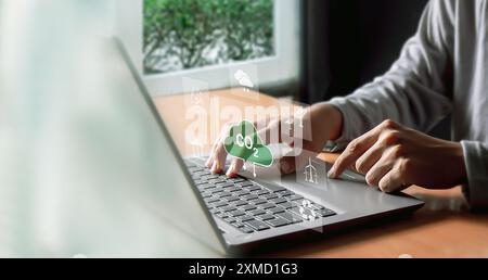 Il concetto di emissioni zero di carbonio riduce le emissioni di CO2, riducendo il riscaldamento globale. Obiettivo di zero emissioni nette di carbonio 2050 Foto Stock