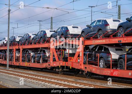 Treno auto, treno merci in viaggio per il terminal auto nel porto marittimo di Bremerhaven, nuove auto tedesche per l'esportazione all'estero, Bremerhaven, Brema, Germania Foto Stock