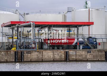 Azienda cisterna della società energetica Hoyer nel porto di Bremerhaven, azienda cisterna, carico di carburante, diesel, su autocarri cisterna, Bremerhaven, bassa Sassonia Foto Stock