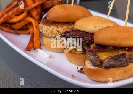 Tre panini con formaggio e pancetta, maiale sfilacciato e una torta di granchio servita su panini, con un contorno di patatine fritte. Foto Stock