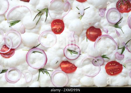 Primo piano focaccia della cucina italiana pronta per la cottura con pomodori, rosmarino, cipolla viola. vista dall'alto. Pane a lievitazione naturale sano Foto Stock