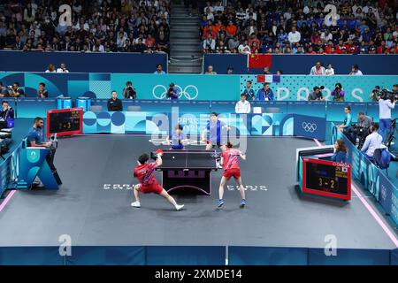 Parigi, Francia. 27 luglio 2024. Vista generale Ping-pong : doppio misto Round of 16 durante i Giochi Olimpici di Parigi 2024 alla South Paris Arena di Parigi, Francia. Crediti: Yohei Osada/AFLO SPORT/Alamy Live News Foto Stock