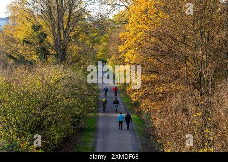 La Grugatrasse, ex linea ferroviaria tra Essen e Muelheim an der Ruhr, ora pista ciclabile, sentiero pedonale, conduce ad ovest alla Radschnellweg Ruhr Foto Stock