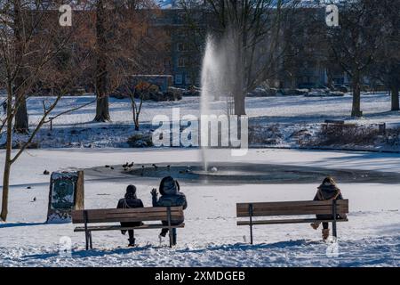 Clima invernale nella regione della Ruhr, Stadtgarten Essen, parco municipale nel centro della città, stagno ghiacciato coperto di neve, Essen, Renania settentrionale-Vestfalia Foto Stock