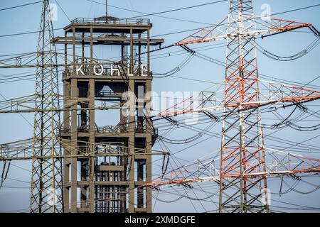 Intelaiatura della precedente miniera Walsum in disuso, piloni elettrici della centrale a carbone STEAG Duisburg Walsum, sul Reno, Duisburg Foto Stock