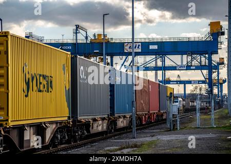 I container arrivano in treno al Logport, DIT, Duisburg Intermodal Terminal, parte della nuova via della seta, dalla Cina a Duisburg-Rheinhausen, nord Foto Stock