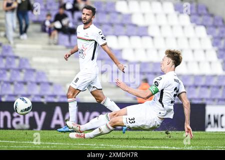 Anversa, Belgio. 27 luglio 2024. Mathieu Maertens dell'OHL in azione durante una partita di calcio tra Beerschot va e OH Leuven, sabato 27 luglio 2024 ad Anversa, il giorno di apertura della stagione 2024-2025 della "Jupiler Pro League" prima divisione del campionato belga. BELGA PHOTO TOM GOYVAERTS credito: Belga News Agency/Alamy Live News Foto Stock