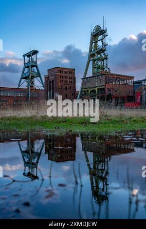 Ex miniera RAG Ewald, telai delle testate, albero 7, sinistra e albero 2, destra, a Herten, Renania settentrionale-Vestfalia, Germania Foto Stock