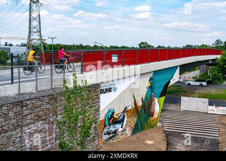 Nuovo ponte ciclabile e pedonale, sezione della RS1, Radschnellweg Ruhr, su Berthold-Beitz Boulevard, a Essen, Renania settentrionale-Vestfalia, Germania Foto Stock