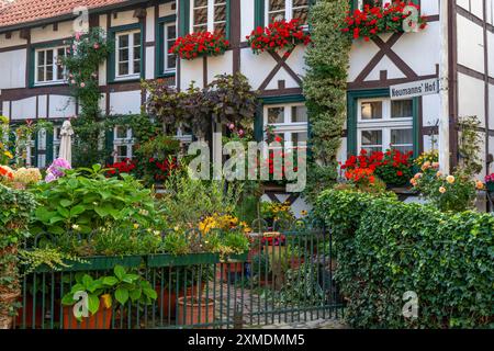 Il vecchio villaggio di Westerholt, il quartiere storico di Herten Westerholt, oltre 60 vecchie case in legno ben ristrutturate formano un centro storico Foto Stock