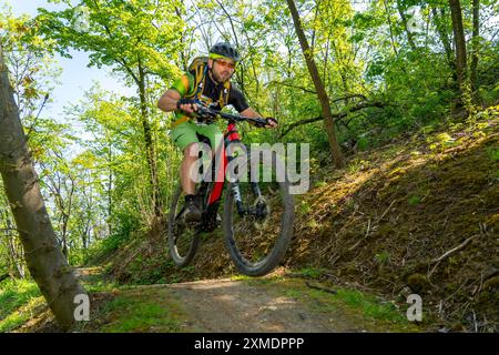 Brammentrail, percorso per mountain bike sulla punta di Schurenbach, a Essen, Renania settentrionale-Vestfalia, Germania Foto Stock