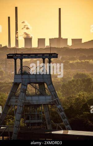 Centrale elettrica a carbone EON Scholven, Gelsenkirchen, sul retro, davanti alla doppia testata della miniera di Ewald in disuso a Herten, Nord Foto Stock