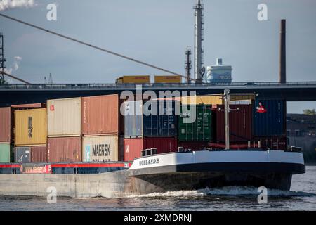 Navigazione interna sul Reno vicino a Duisburg, nave portacontainer Hollande, a pieno carico, ponte sul Reno Neuenkamp, autostrada A40, Renania settentrionale-Vestfalia Foto Stock