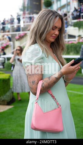 Ascot, Berkshire, Regno Unito. 27 luglio 2024. Gli amanti delle corse si godono il sole e le temperature calde al QIPCO King George Day all'ippodromo di Ascot nel Berkshire. Crediti: Maureen McLean/Alamy Live News Foto Stock