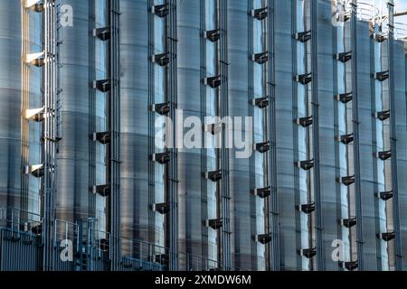 Serbatoi in acciaio inossidabile di un grande impianto di silo nel porto interno di Duisburg, Duisburg-Neuenkamp, per lo stoccaggio di materiali secchi sfusi come la plastica Foto Stock