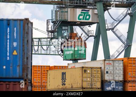 Porto di Dortmund, terminal container Dortmund CTD, terminal trimodale, trasporto ferroviario, stradale e per via navigabile, canale Dortmund-EMS, nord Foto Stock