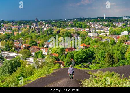 Vista dallo slagheap Rungenberg su Gelsenkirchen, in direzione nord, quartiere Buer, torre municipale, Renania settentrionale-Vestfalia, Germania Foto Stock