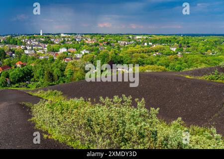 Vista dallo slagheap Rungenberg su Gelsenkirchen, in direzione nord, quartiere Buer, torre municipale, Renania settentrionale-Vestfalia, Germania Foto Stock