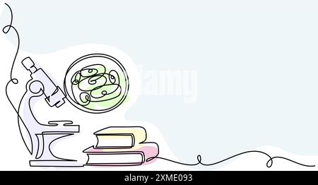 Microscopio con cellule biologiche in oculare. Concetto di istruzione e ricerca. Illustrazione Vettoriale