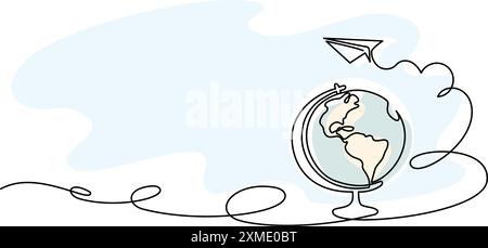 Globo, cartello aereo di carta. Ritorno al concetto di istruzione scolastica. Disegno continuo su una linea Illustrazione Vettoriale