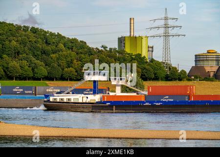 Scenario industriale della acciaieria ThyssenKrupp Steel di Bruckhausen, sul Reno, nave da carico, impianto di cogenerazione Hamborn, alimentato da esplosione Foto Stock