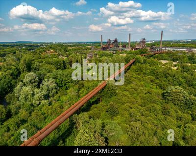 Il Duisburg Nord Landscape Park, gasdotto a doppio altoforno da ovest Vista sulla natura selvaggia, un'area parco dove la natura è lasciata alla sua Foto Stock