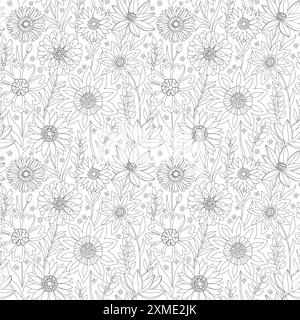 Motivo floreale senza cuciture di fiori e foglie fantasia in stile Line Art, contorno nero su bianco. Progettazione di sfondi per pagine da colorare, tessuti, tessuti, carte, stampe, prodotti di bellezza. Illustrazione Vettoriale