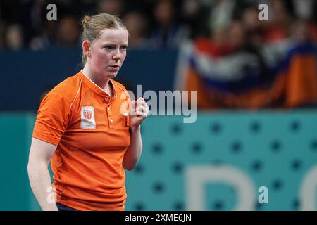 Parigi, Francia. 27 luglio 2024. PARIGI, FRANCIA - LUGLIO 27: Britt Eerland dei Paesi Bassi gareggia nelle Women's Singles durante la prima giornata del Ping-pong - Giochi Olimpici di Parigi 2024 alla South Paris Arena il 27 luglio 2024 a Parigi, Francia. (Foto di Joris Verwijst/Agenzia BSR) credito: Agenzia BSR/Alamy Live News Foto Stock