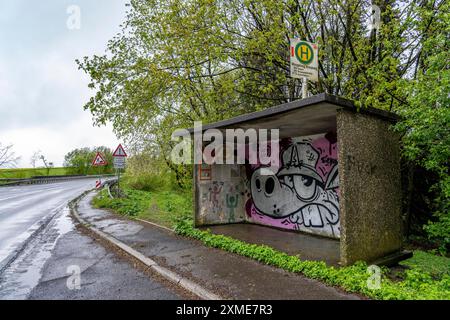 Fermata dell'autobus, trasporto locale in campagna, vicino a Breckerfeld-Wengeberg, su Brantender Strasse, L528, Ennepe-Ruhr-Kreis, nord Foto Stock