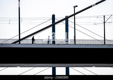 Ponte Oberkassler sul Reno vicino a Duesseldorf, di fronte, dietro il ponte Rheinknie, autista di scooter elettrici, Renania settentrionale-Vestfalia, Germania Foto Stock