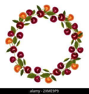 Cornice ad acquerello ciliegia con spazio di testo bianco centrale, isolata su sfondo bianco Foto Stock