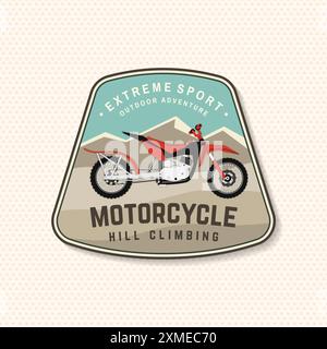 Logo, badge, adesivo, moto Hill Climb. Vettore. Sport estremi con moto per salto estremo e gare in montagna. Illustrazione Vettoriale