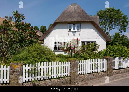 Casa frisone, casa con tetto di paglia, Nieblum, Foehr, isola del Mare del Nord, Frisia settentrionale, Schleswig-Holstein, Germania Foto Stock