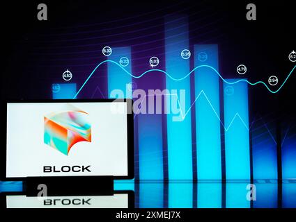 In questa immagine, Block, Inc., precedentemente Square, Inc., logo visualizzato su un tablet. Foto Stock