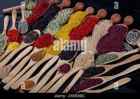 Grande collezione di spezie ed erbe in cucchiai di legno. Condimenti per alimenti isolati su sfondo nero. Varie erbe e spezie colorate per cucinare Foto Stock