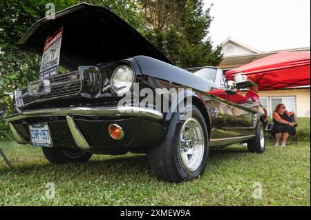 Hilton Beach, Ontario, Canada - 27 luglio 2024: Black 1966 Ford Mustang Convertible al Classic Car Show. Vista frontale ad angolo basso. Foto Stock