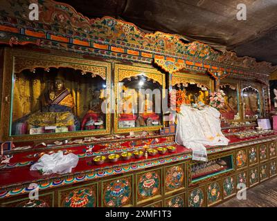 Sotto il palazzo originale, Deldan Namgyal ordinò la costruzione dell'attuale Shey Palace and Monastery nel 1655 come memoriale del suo defunto padre, "Sengge Namgyal". Il monastero è ben noto per la sua enorme statua di un Buddha Shakyamuni seduto fatta di rame e oro dorato. Shen Palace si trova su una montagna a sud di Leh nel Ladakh, nel nord dell'India. Shey è stata la capitale estiva del Ladakh. All'interno c'è un'enorme statua del Buddha Shakyamuni. È la seconda statua di Buddha più grande del Ladakh. (Foto di Musaib Iqbal Bhat/Pacific Press) Foto Stock