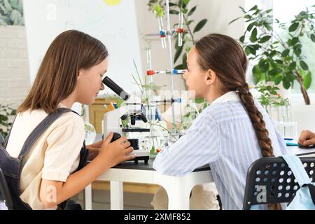 Adolescente che guarda attraverso il microscopio durante la lezione di Biologia a scuola, vista posteriore Foto Stock