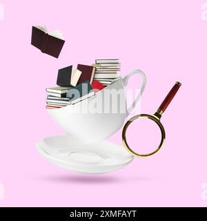 Tazza da caffè con libri e lente d'ingrandimento in aria su sfondo rosa Foto Stock