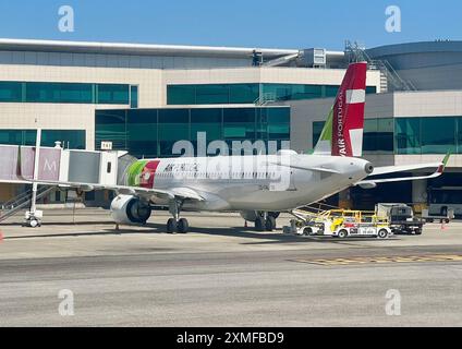 I lavoratori caricano un jet TAP Air Portugal all'aeroporto Humberto Delgado di Lisbona, Portogallo. Foto Stock