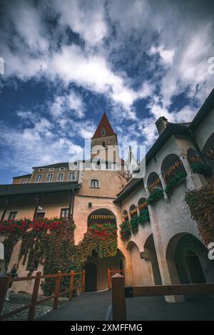 Austria - 26 ottobre 2023: Vista su un edificio storico con torre dell'orologio a Joching, Austria. L'edificio è coperto di viti, e il cielo è cl Foto Stock