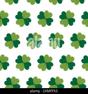 Il trifoglio buona fortuna lascia un motivo senza cuciture nel verde alla moda. Messaggio di saluto di San Patrizio o sfondo isolato su illustrazione vettoriale bianca. Texture di sfondo, carta da imballaggio o schede Web, idea di design per poster Illustrazione Vettoriale