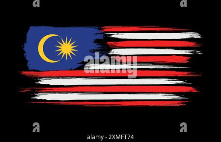 Illustrazione vettoriale Distressed Grunge Malaysia Flag, tratto pennello astratto isolato su sfondo nero Illustrazione Vettoriale