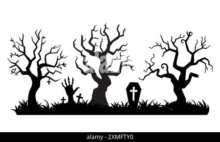 Set di Spooky Halloween Trees, silhouette vettoriale. Spaventoso albero di halloween Illustrazione Vettoriale