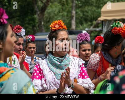 Donna girata indossando il tipico costume da rociero e fiori nei capelli, durante la celebrazione del pellegrinaggio di El Rocio ad Almonte, in spagna Foto Stock